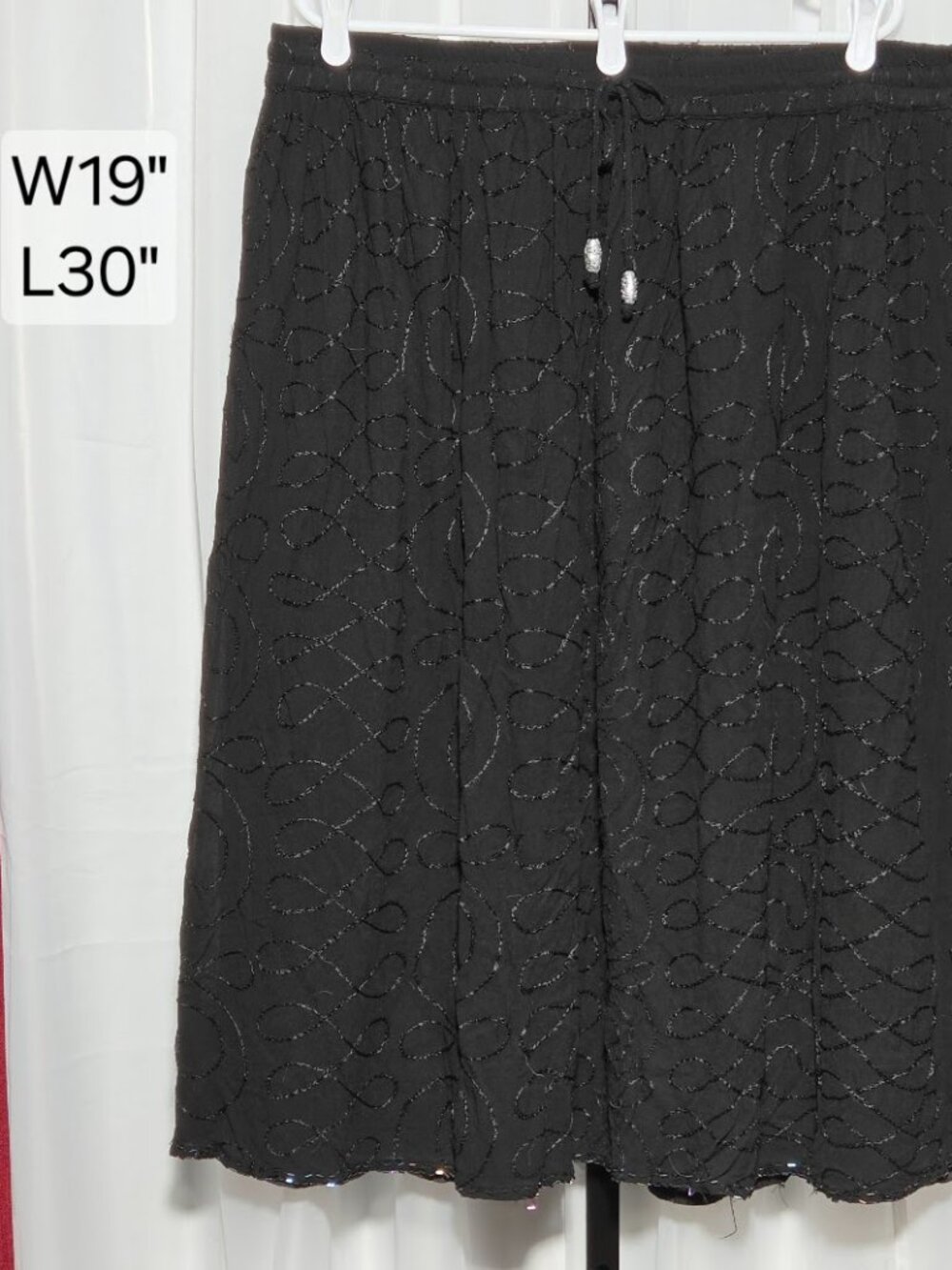 Vtg 90s Simply Fashion Black Rayon Skirt 22/24 Sequin Hem Beaded Tie Whimsigoth